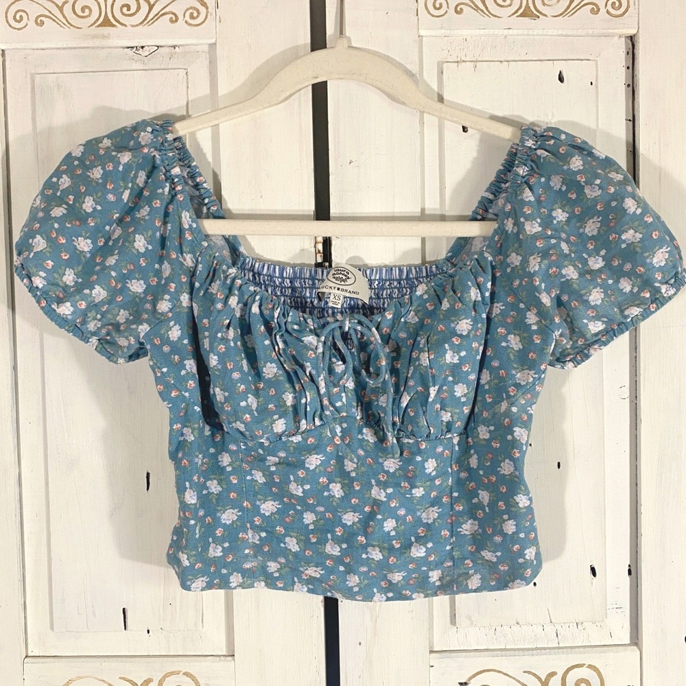 Laura Ashley x Lucky Brand Smocked Peasant Top XS Blue Floral Fairy Cottagecore - Picture 6 of 11